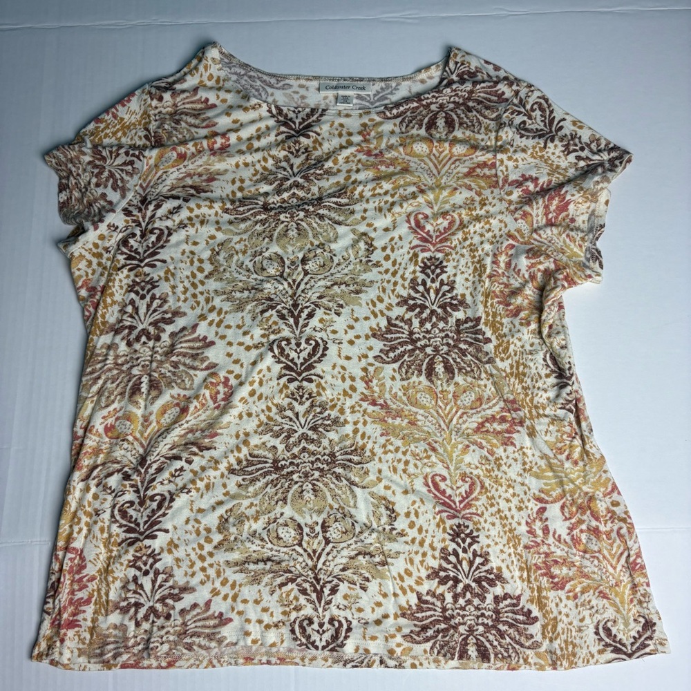 Coldwater Creek Women 1X Shirt Tan Brown Tribal Gold Specks Rayon Spandex